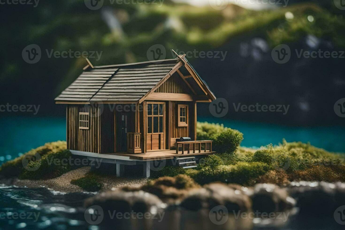 un miniatura casa en un pequeño isla. generado por ai foto