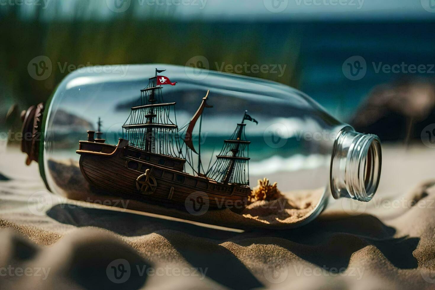 a ship in a bottle on the beach. AI-Generated photo