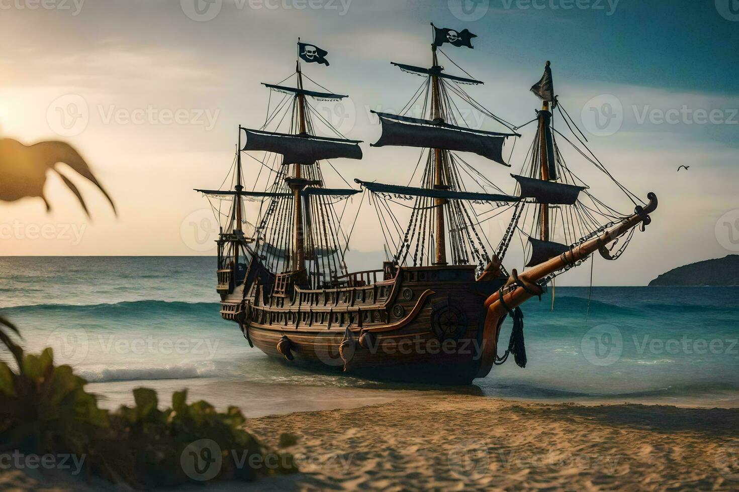 a pirate ship on the beach at sunset. AI-Generated photo
