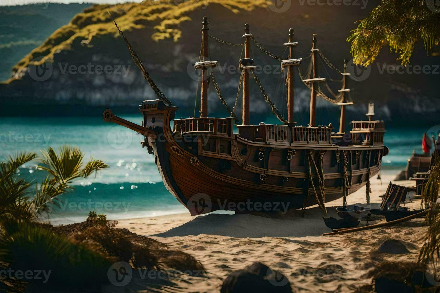 a model pirate ship on the beach. AI-Generated photo