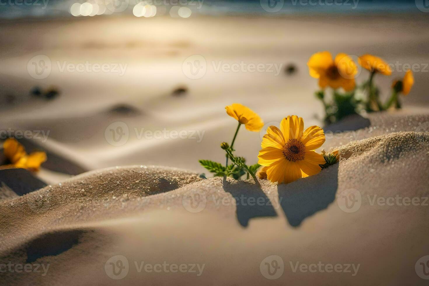 yellow flowers growing out of the sand on a beach. AI-Generated photo