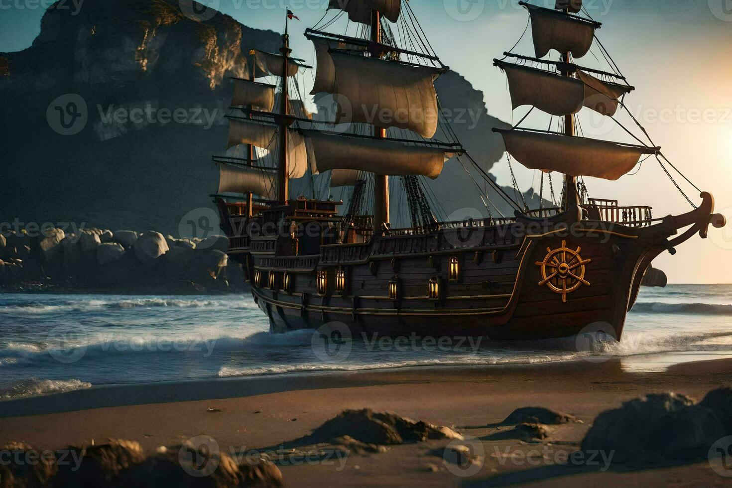 a pirate ship is sailing on the beach. AI-Generated photo