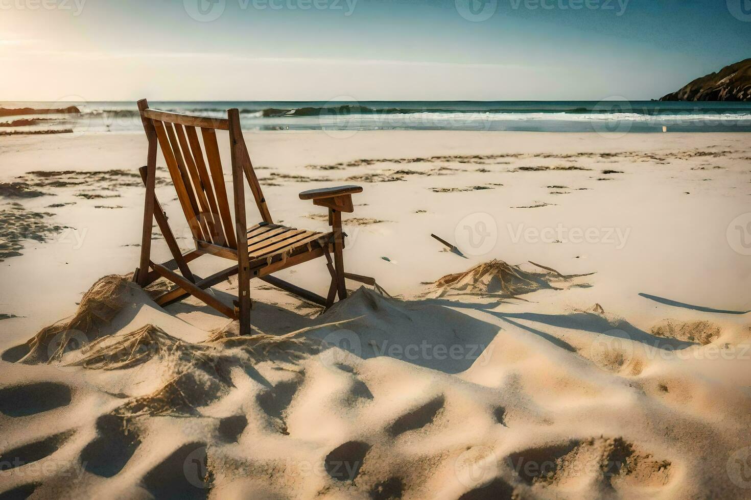 a wooden chair sits on the beach at sunset. AI-Generated photo