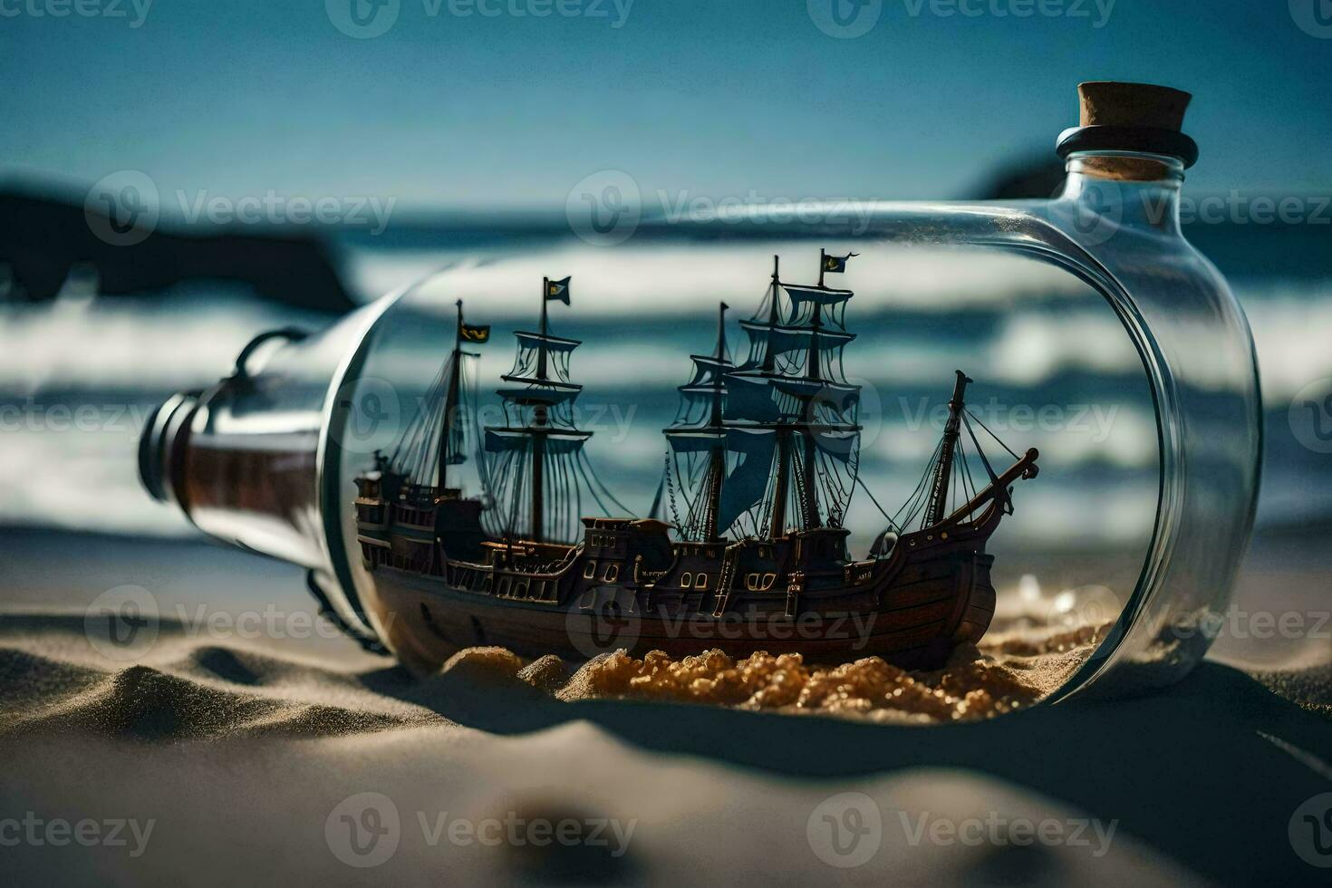 a ship in a bottle on the beach. AI-Generated photo