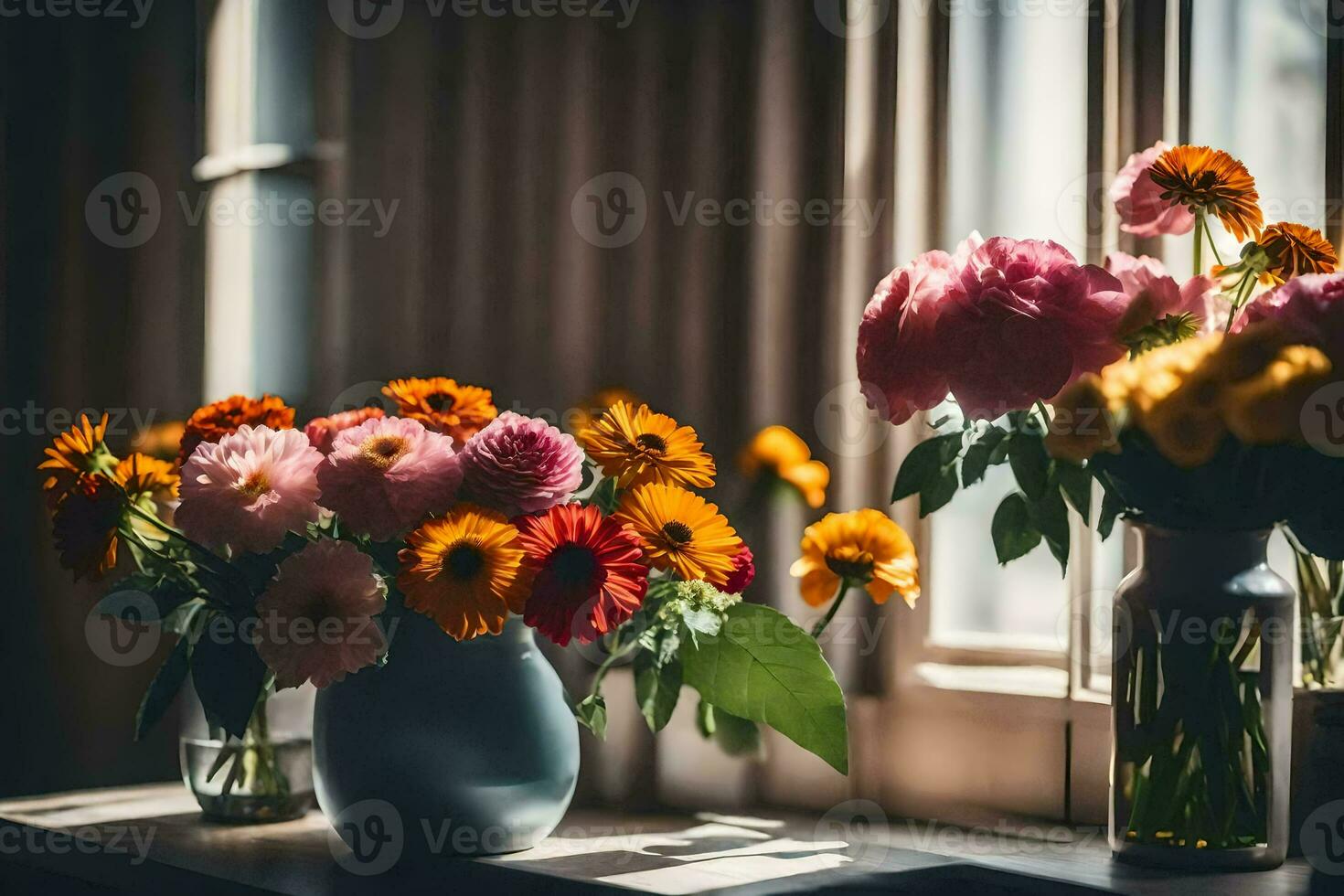 flowers in vases on a windowsill. AI-Generated photo