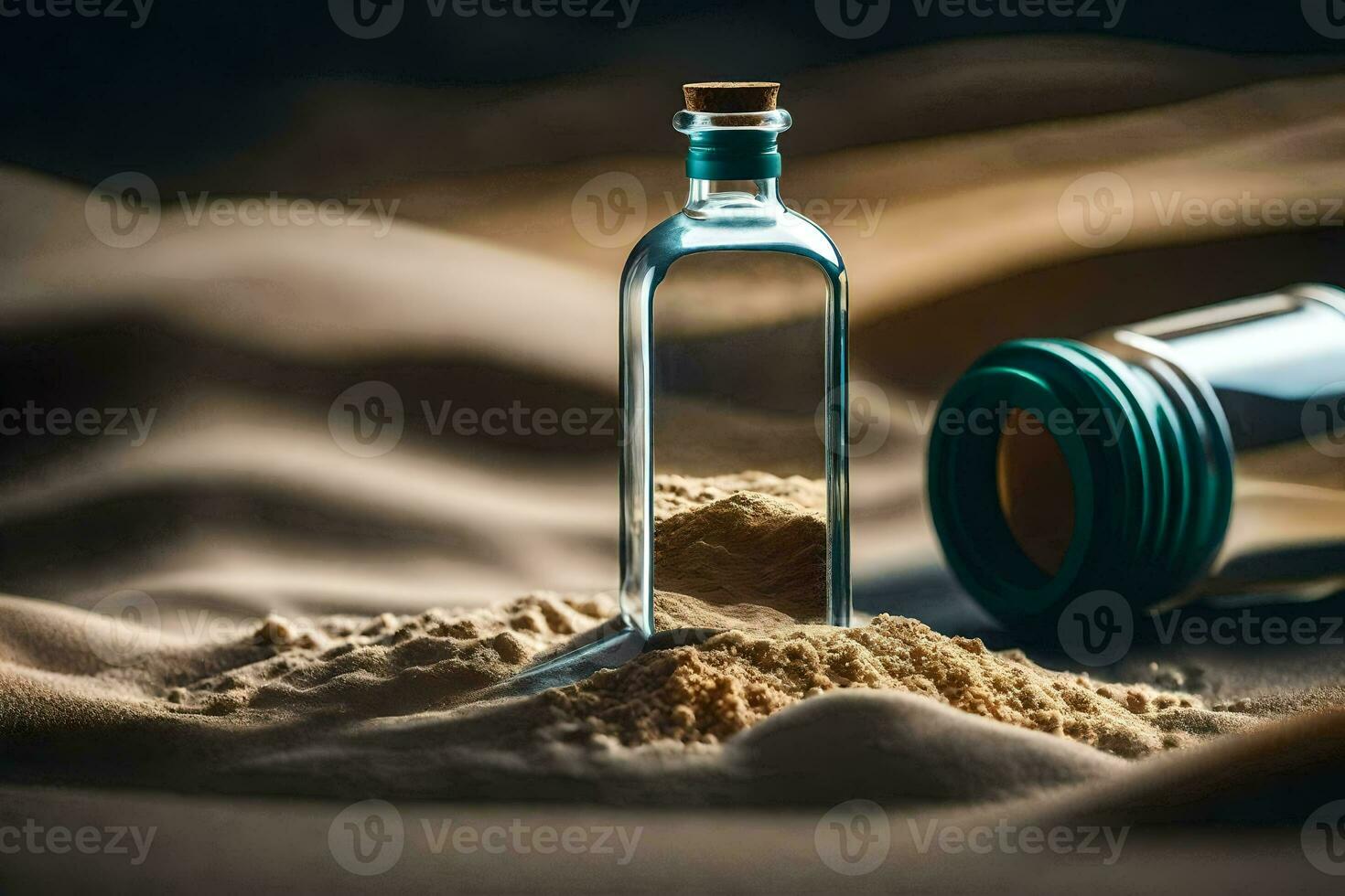 a bottle of sand and a glass bottle with sand. AI-Generated photo