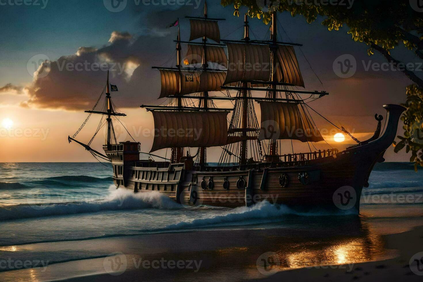 a pirate ship on the beach at sunset. AI-Generated photo