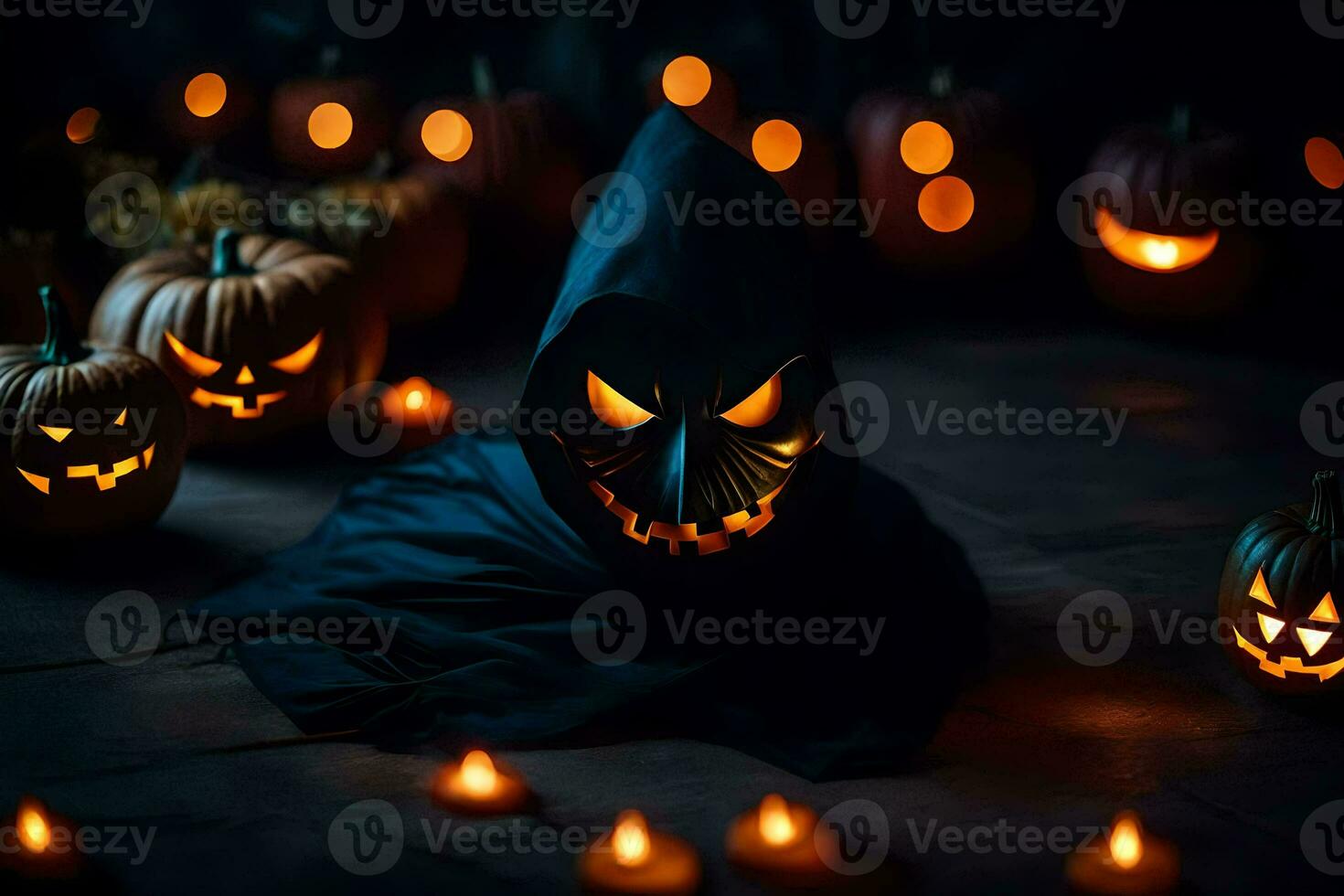 halloween pumpkins and a scary face. AI-Generated photo