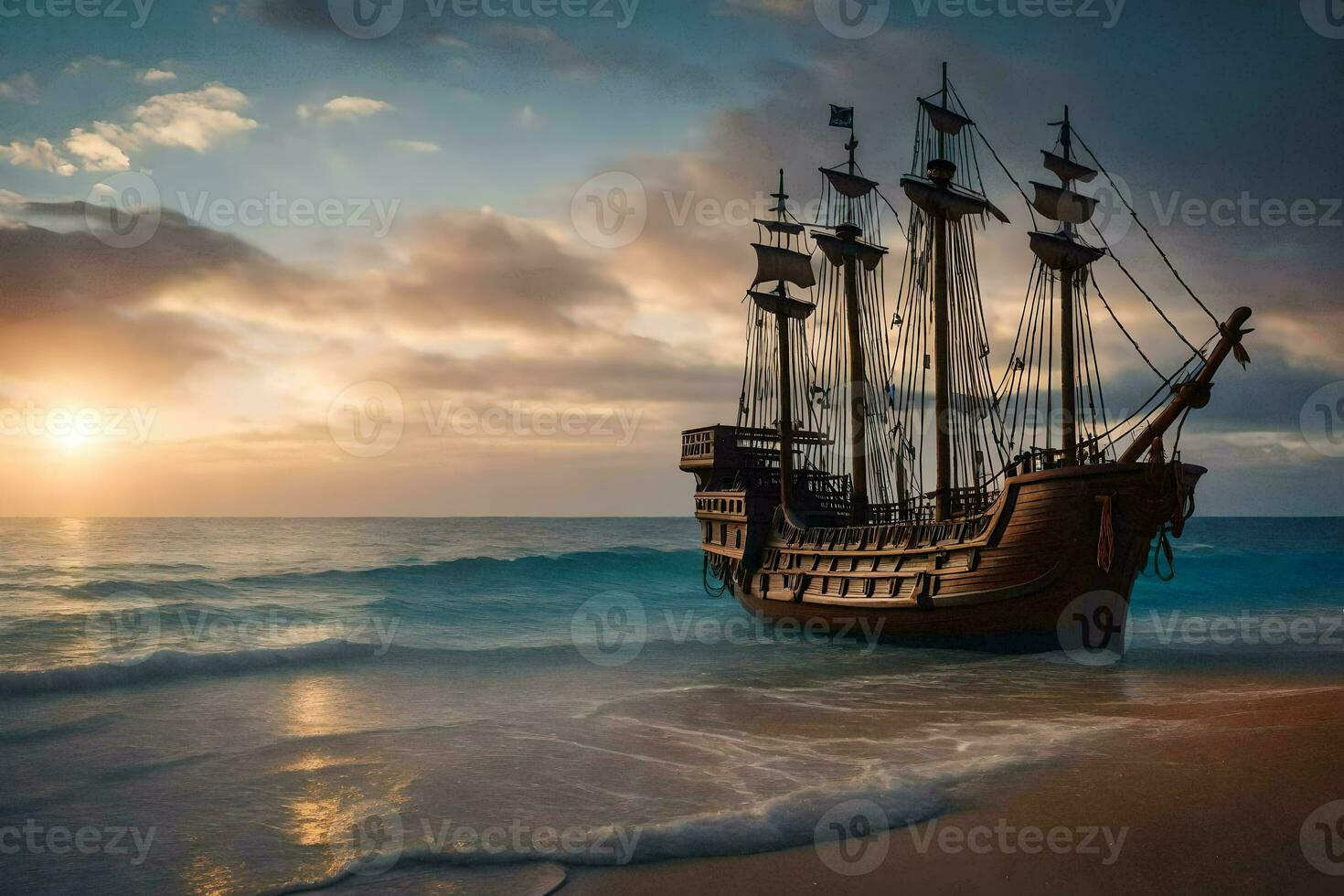 a pirate ship on the beach at sunset. AI-Generated photo