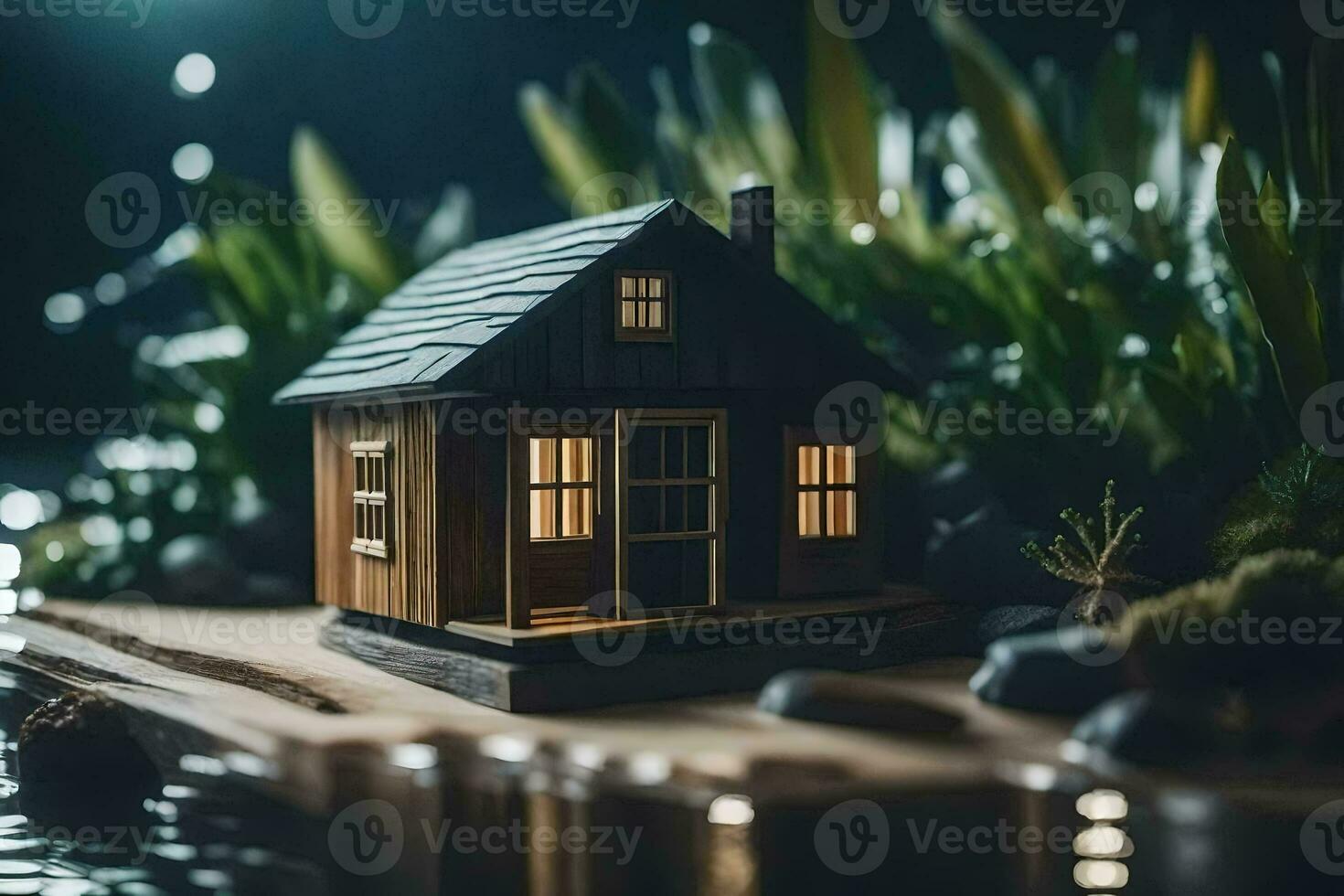 a miniature house sits on a small island in the water. AI-Generated photo
