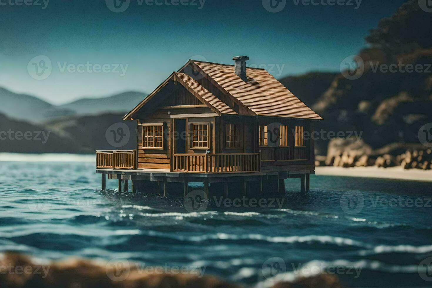 a small wooden house on the water. AI-Generated photo