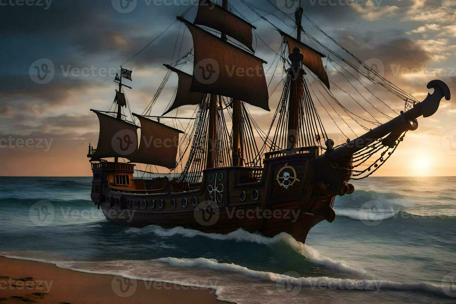 a pirate ship is sailing on the ocean at sunset. AI-Generated photo