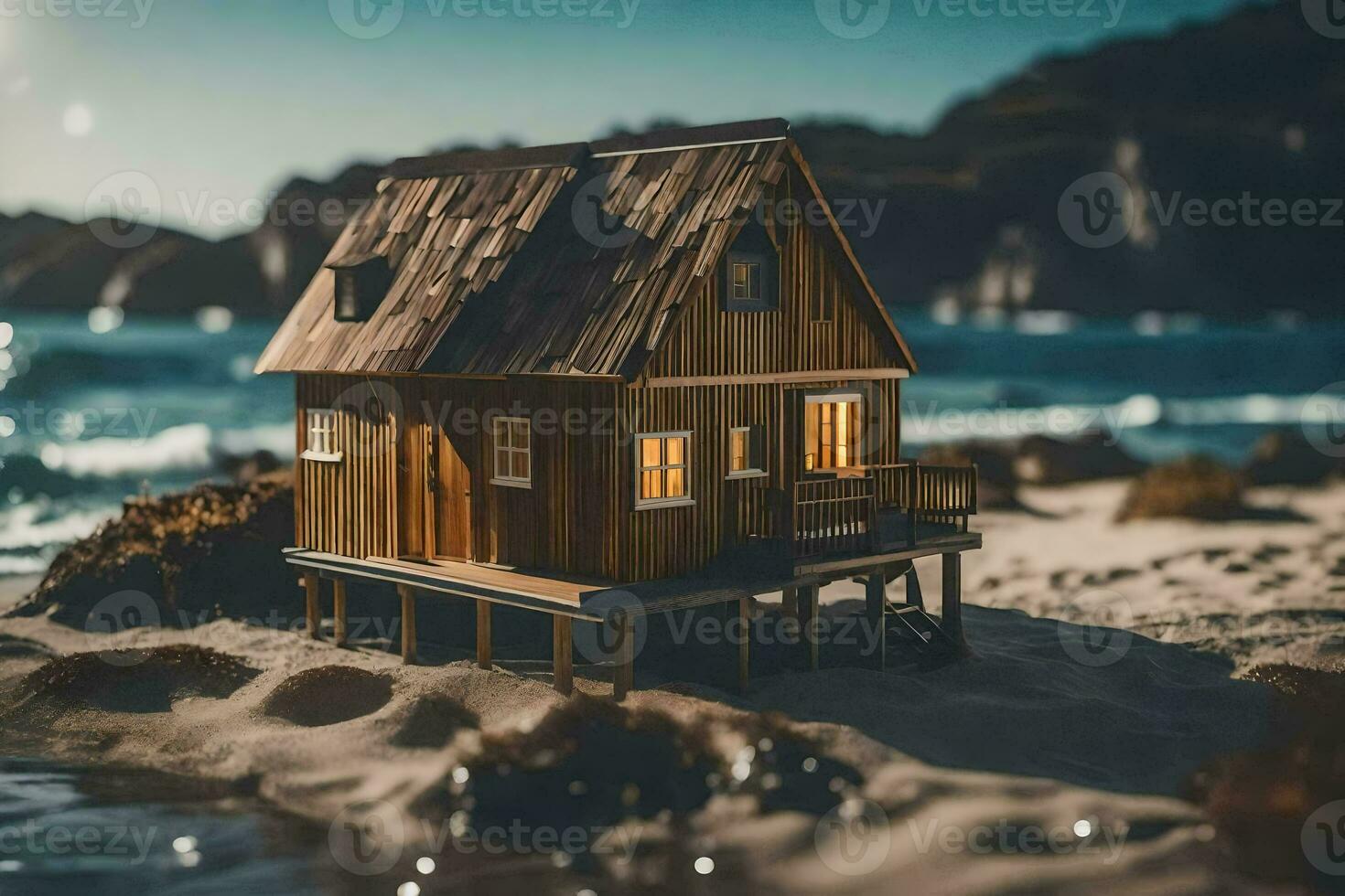 a miniature wooden house on the beach. AI-Generated photo