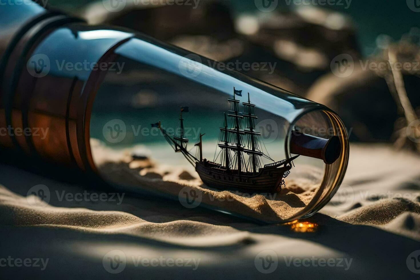 a ship in a bottle on sand. AI-Generated photo