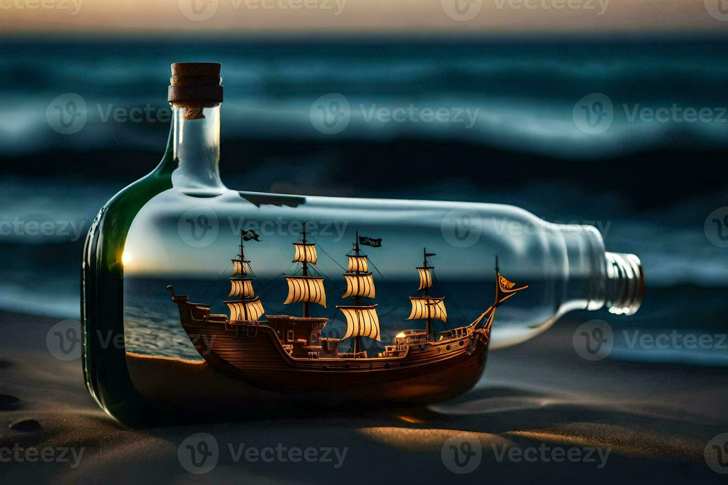 ship in a bottle, beach, sand, sunset, sunset, ocean, ship, hd. AI-Generated photo