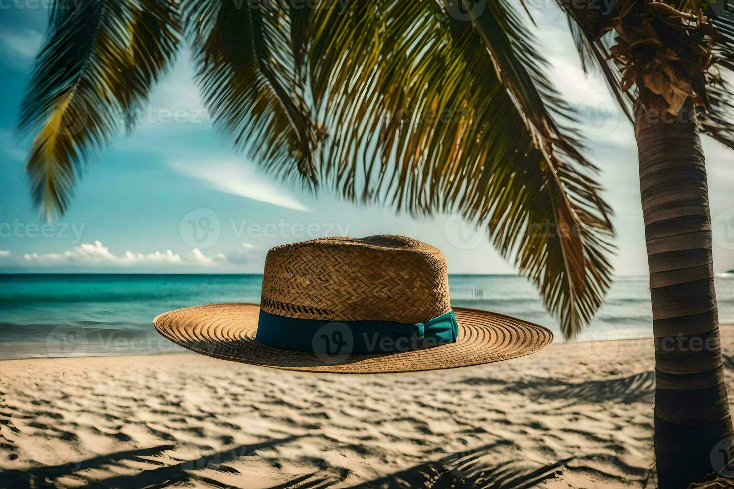 a hat on the beach with palm trees. AI-Generated photo