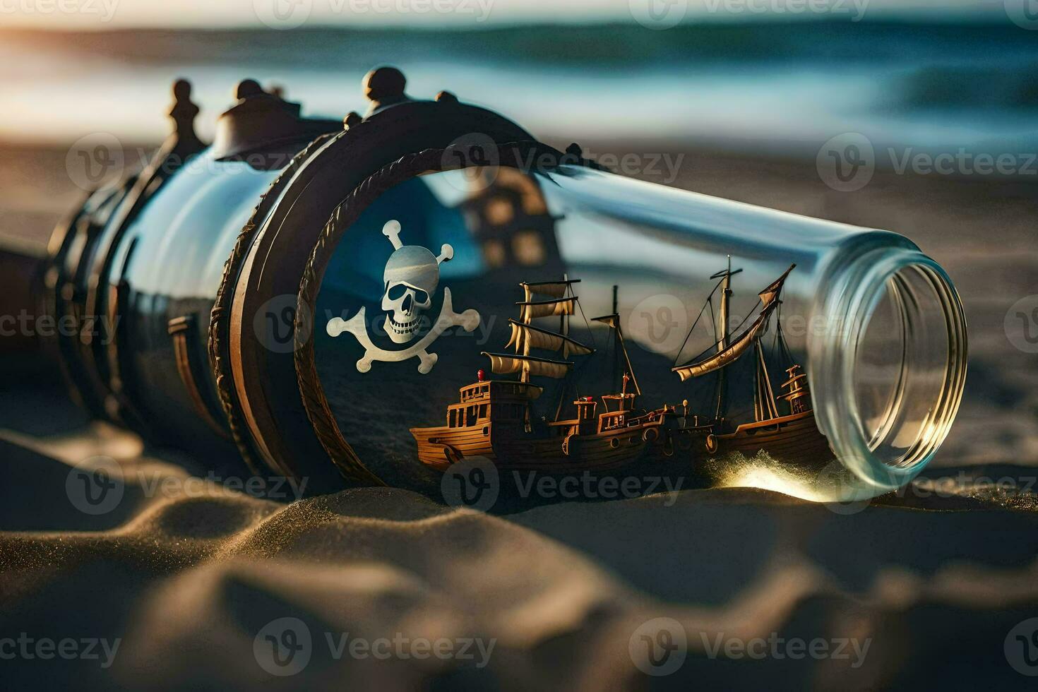 a bottle with a ship inside of it on the beach. AI-Generated photo