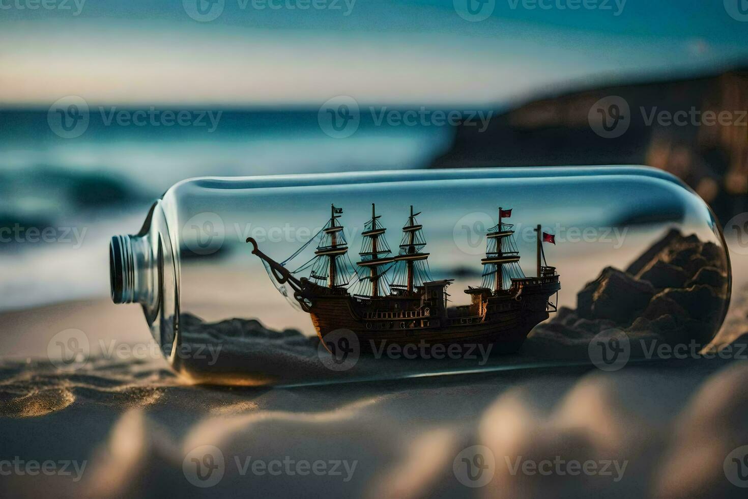 a ship in a bottle on the beach. AI-Generated photo