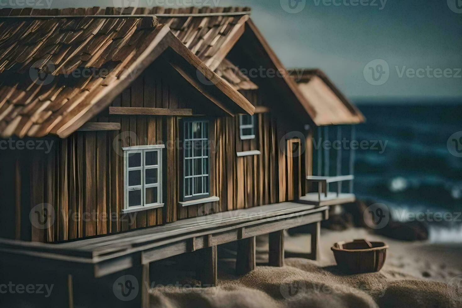 a miniature wooden house on the beach. AI-Generated photo