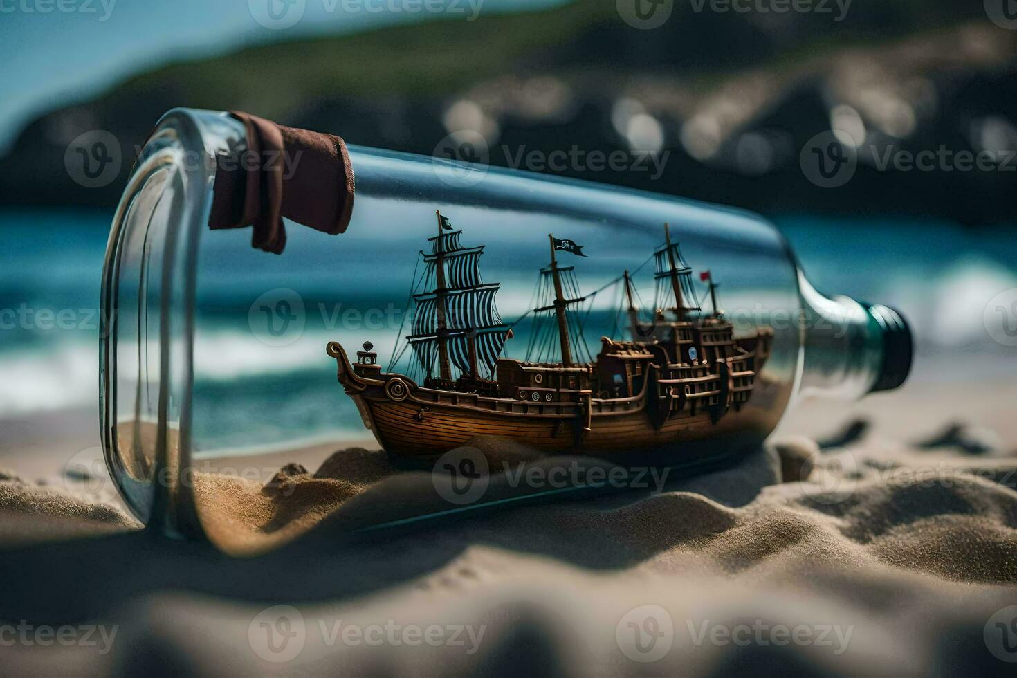 a ship in a bottle on the beach. AI-Generated photo