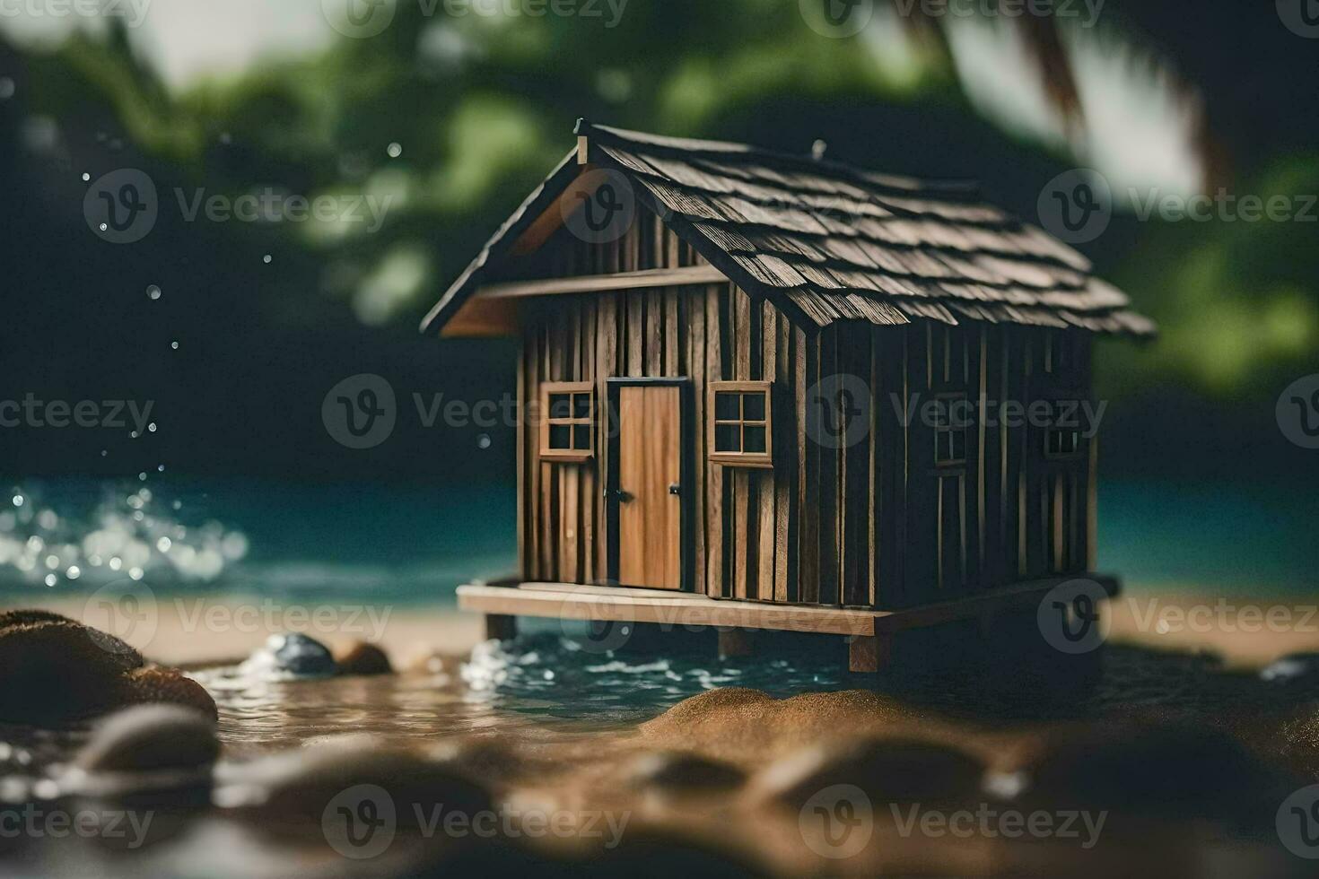 a small wooden house on the beach with water. AI-Generated photo