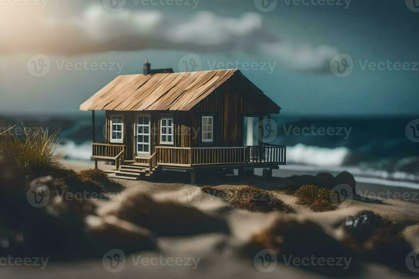 un miniatura casa en el playa. generado por ai foto