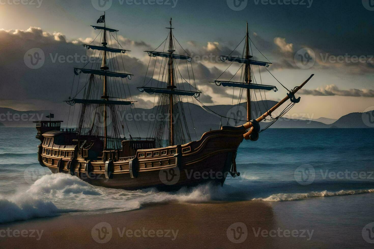 a pirate ship on the beach. AI-Generated photo