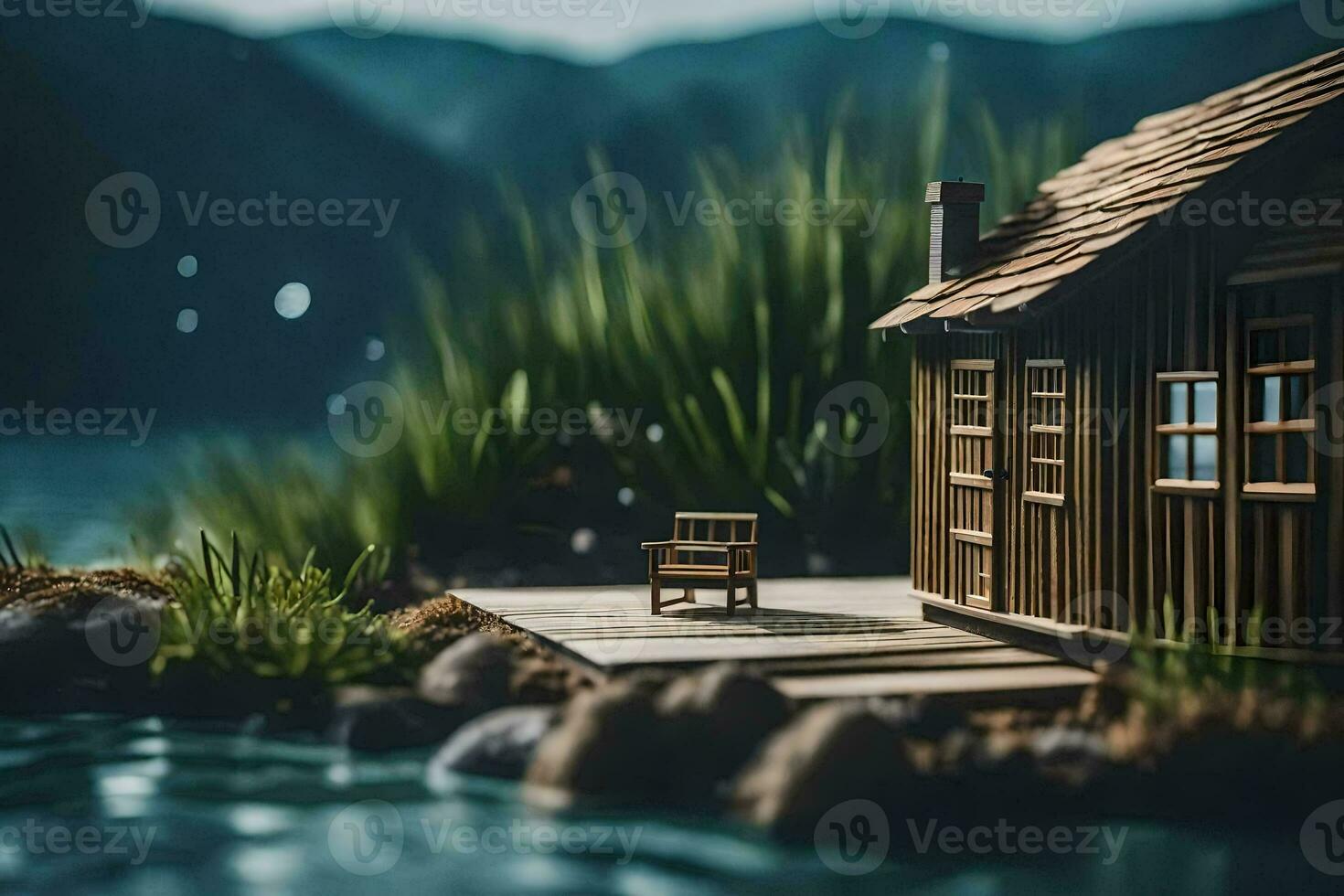 a miniature wooden house sits on a dock by a lake. AI-Generated photo