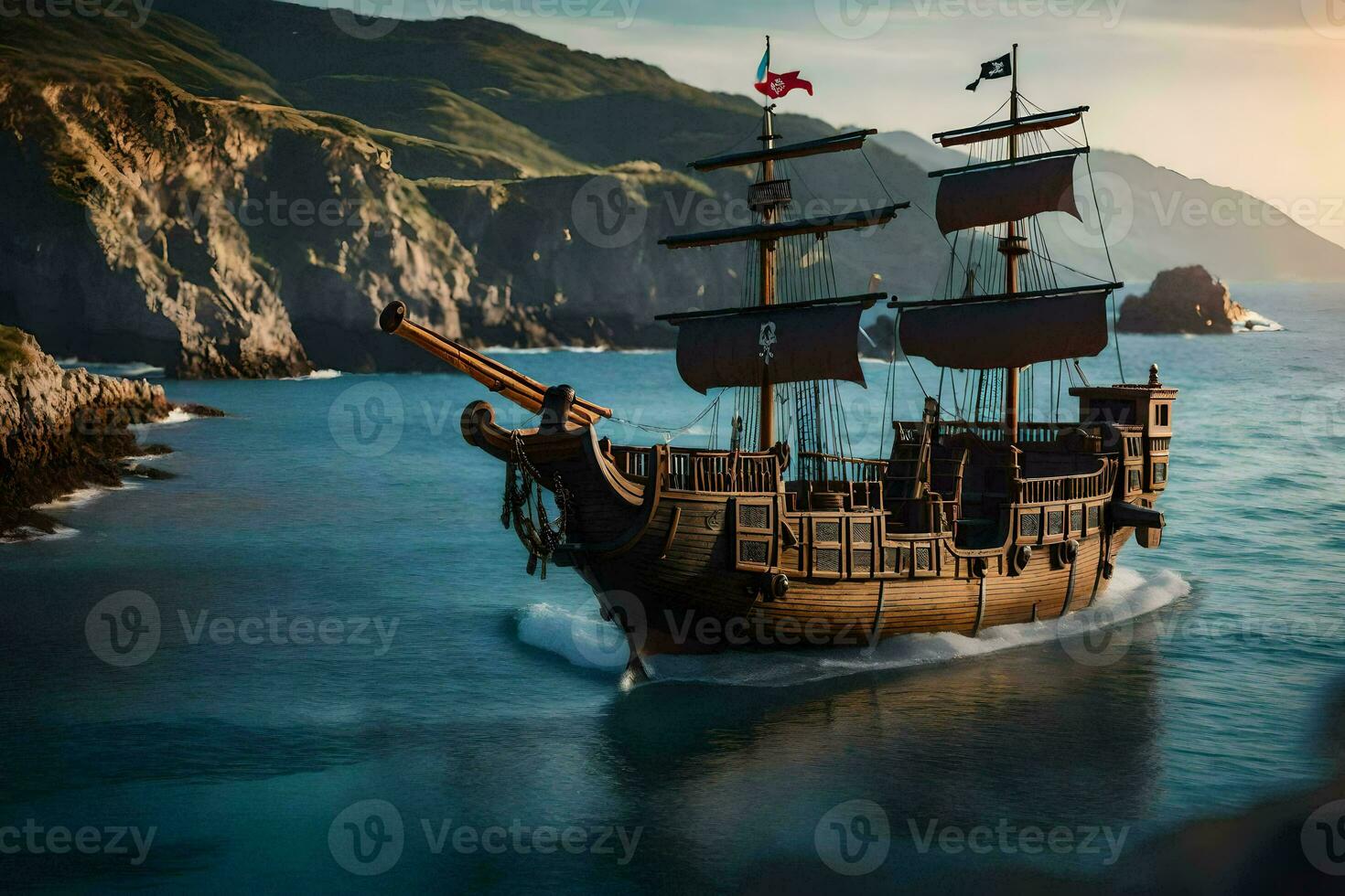 a pirate ship is sailing in the ocean. AI-Generated photo