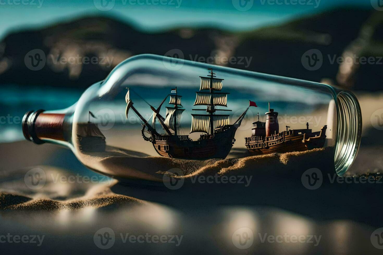 a ship in a bottle on the beach. AI-Generated photo