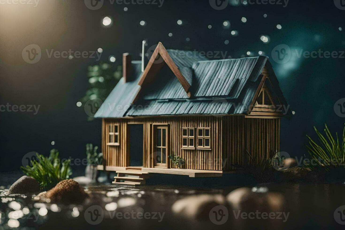 un pequeño de madera casa en el lluvia. generado por ai foto