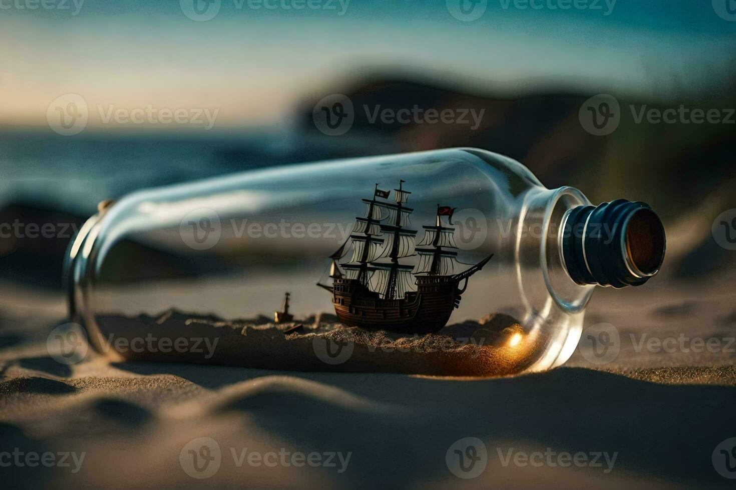 a ship in a bottle on the beach. AI-Generated photo