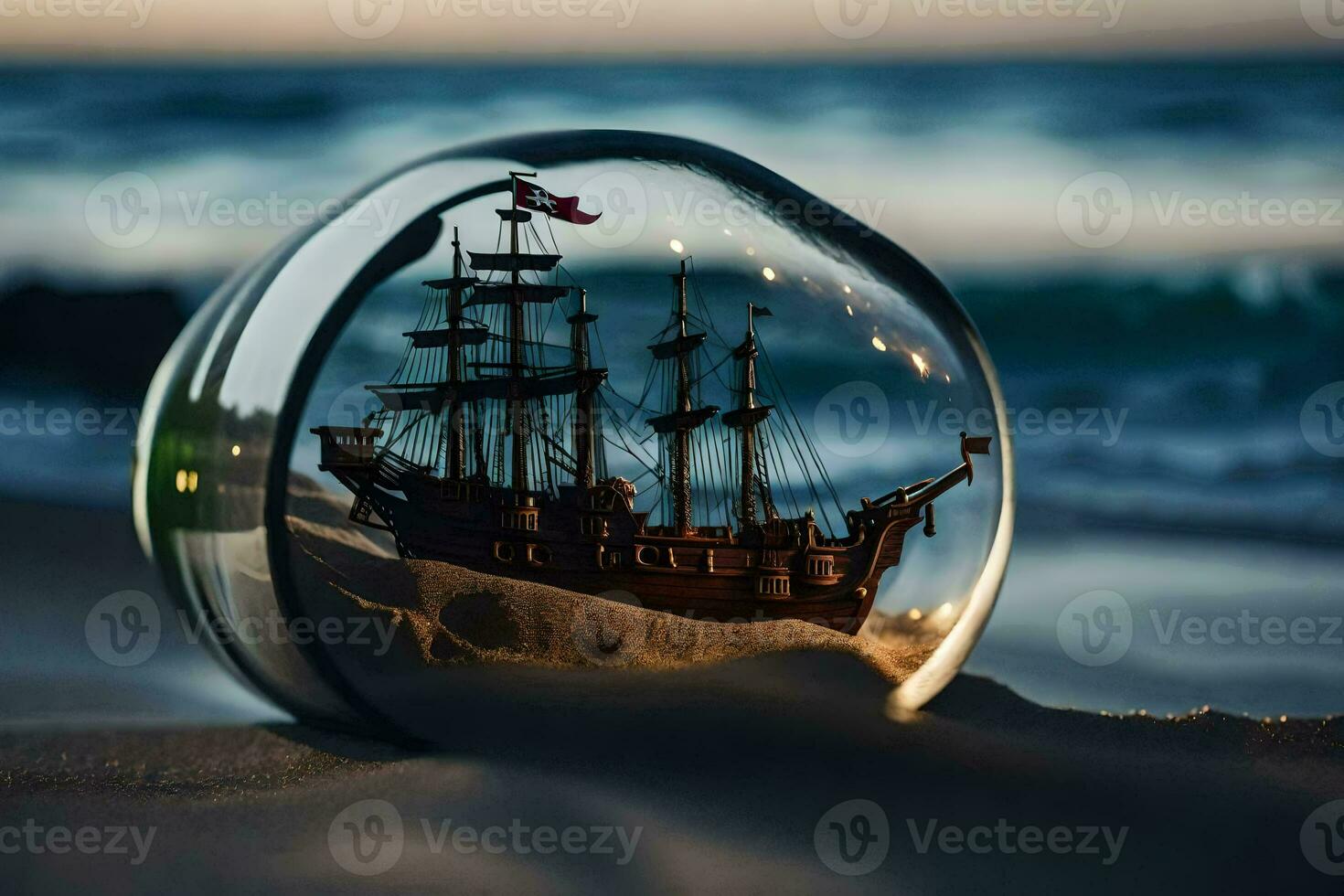 a ship in a glass ball on the beach. AI-Generated photo