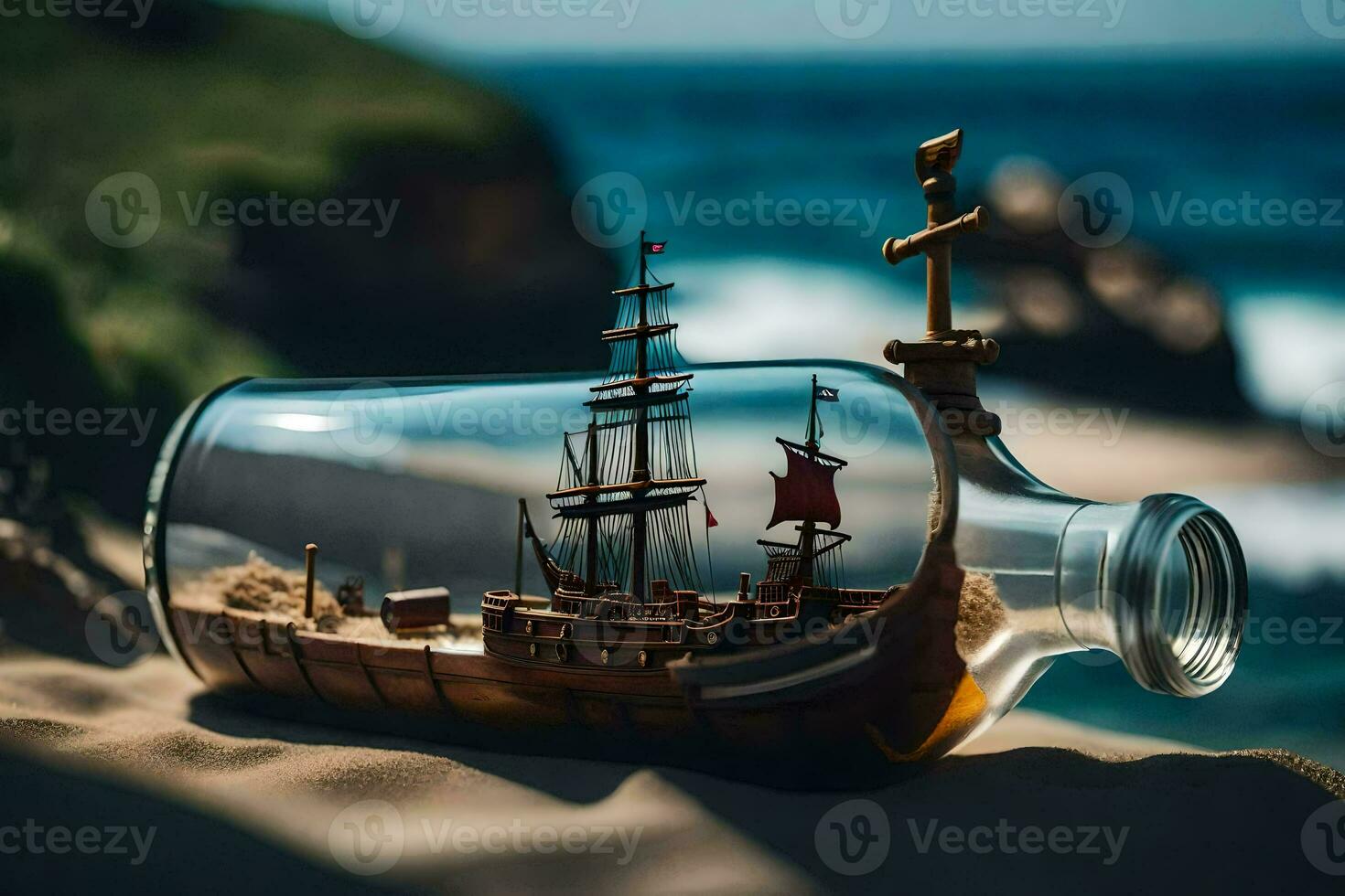 a ship in a bottle on the beach. AI-Generated photo