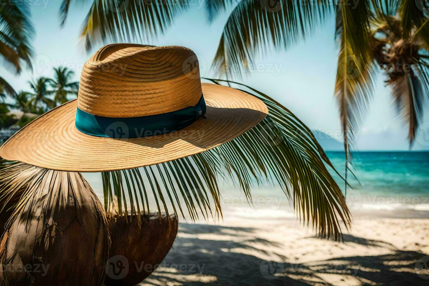 a hat on a palm tree on the beach. AI-Generated photo