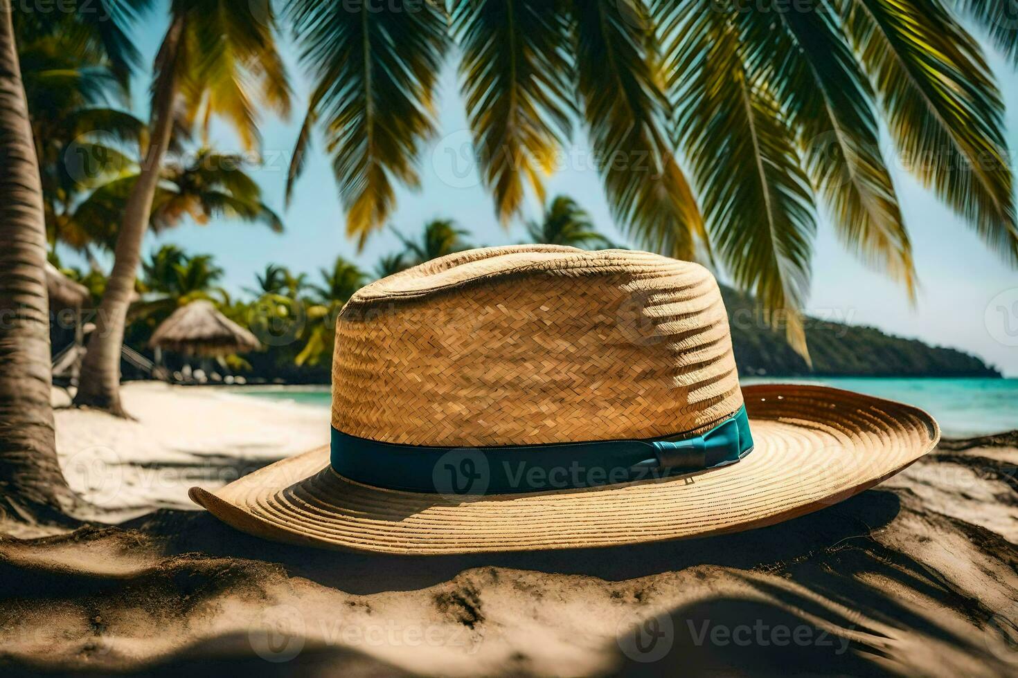 a hat sits on the sand near palm trees. AI-Generated photo