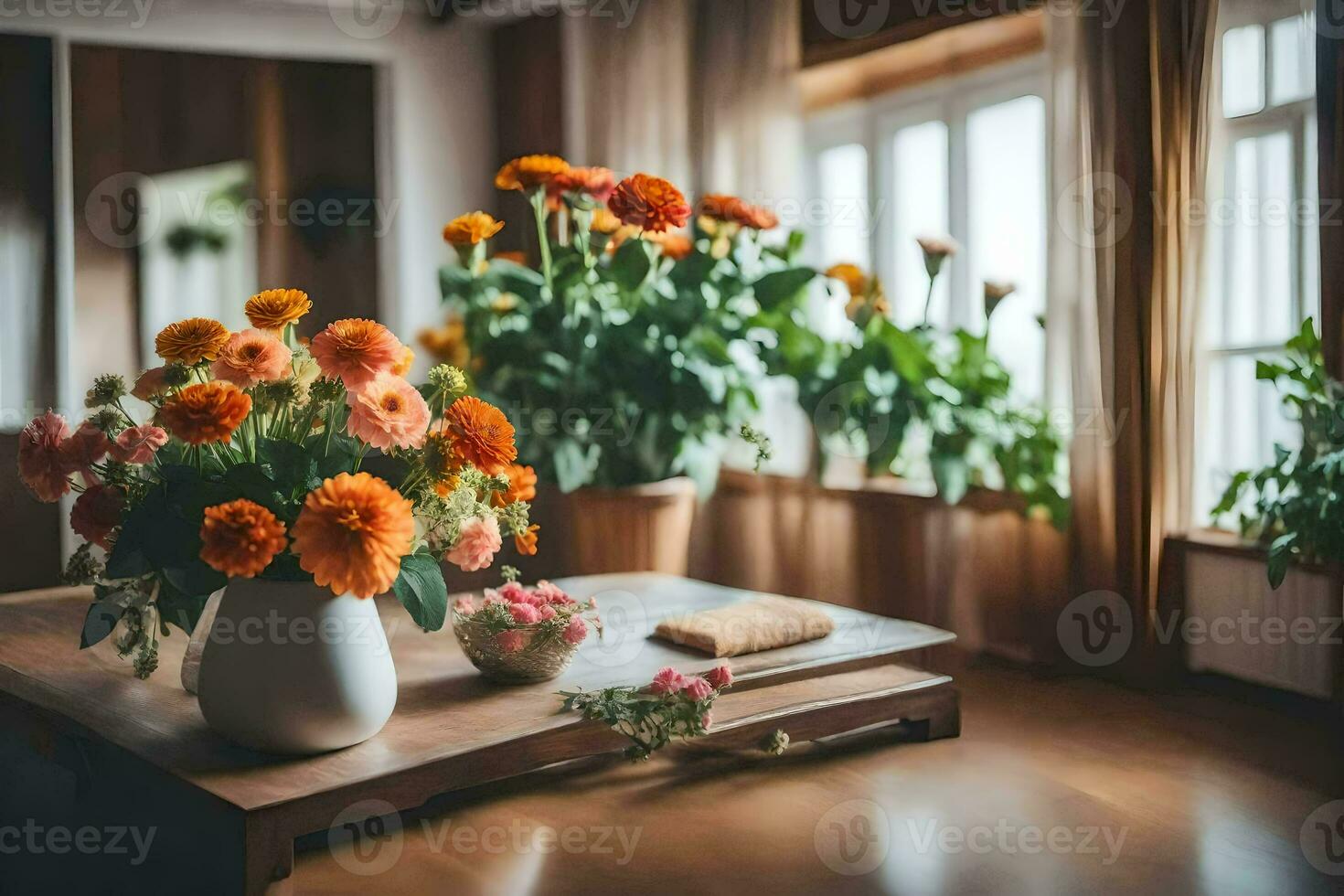 orange flowers in vases on a table in front of a window. AI-Generated photo