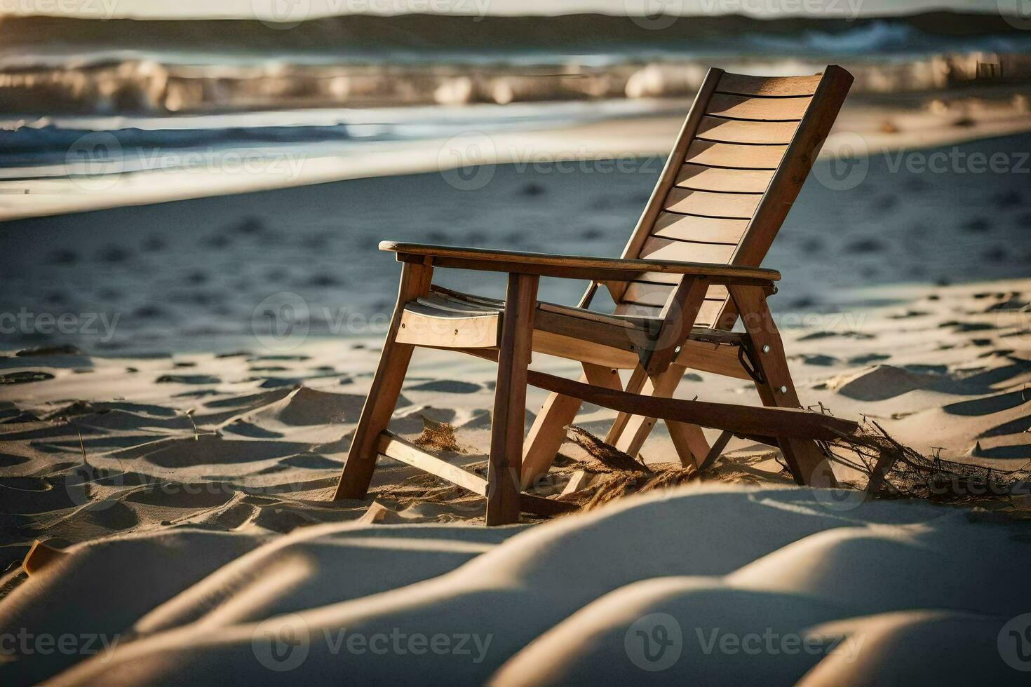 a wooden chair sits on the beach at sunset. AI-Generated photo