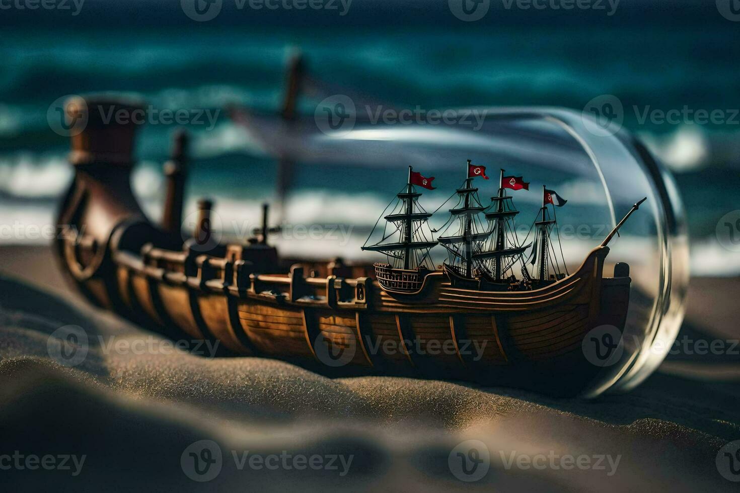 ship in a bottle on the beach. AI-Generated photo