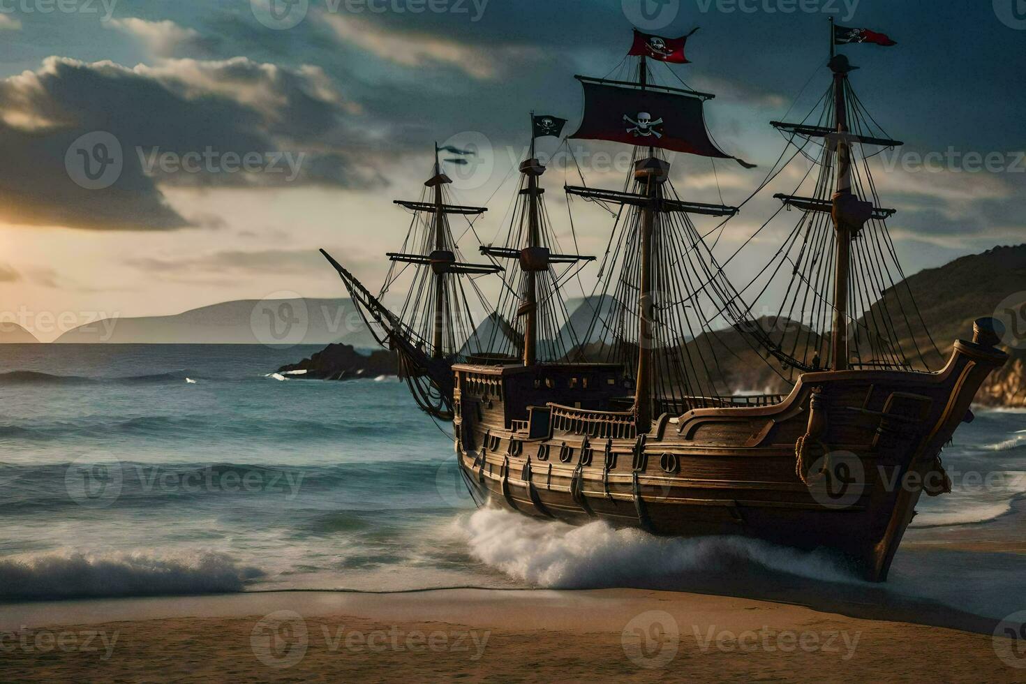 pirate ship on the beach. AI-Generated photo