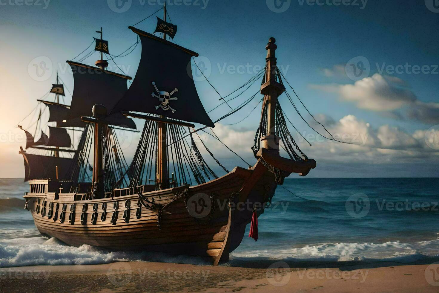 a pirate ship is on the beach at sunset. AI-Generated photo