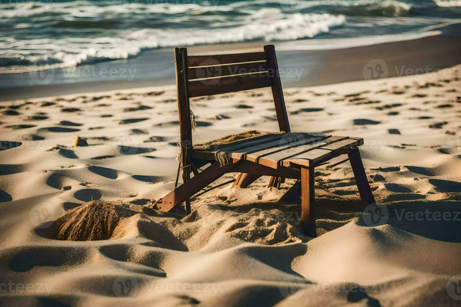 a wooden chair sits on the sand near the ocean. AI-Generated photo