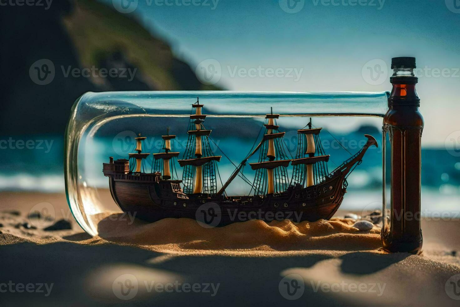 a bottle with a ship inside on the beach. AI-Generated photo