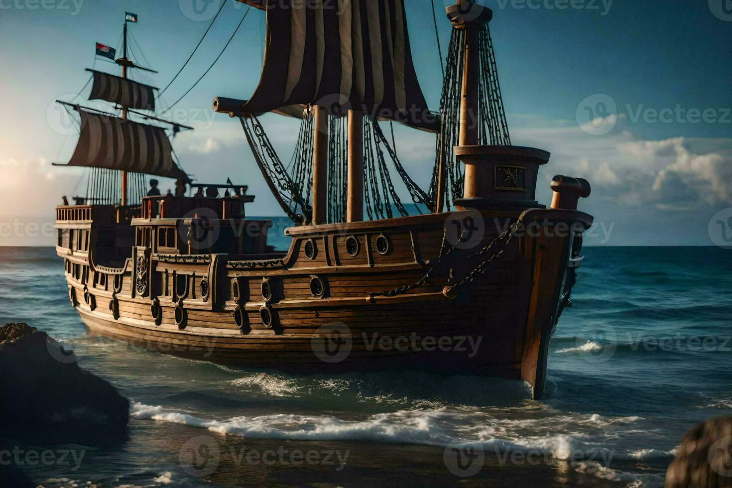 a wooden ship is sailing on the ocean. AI-Generated photo