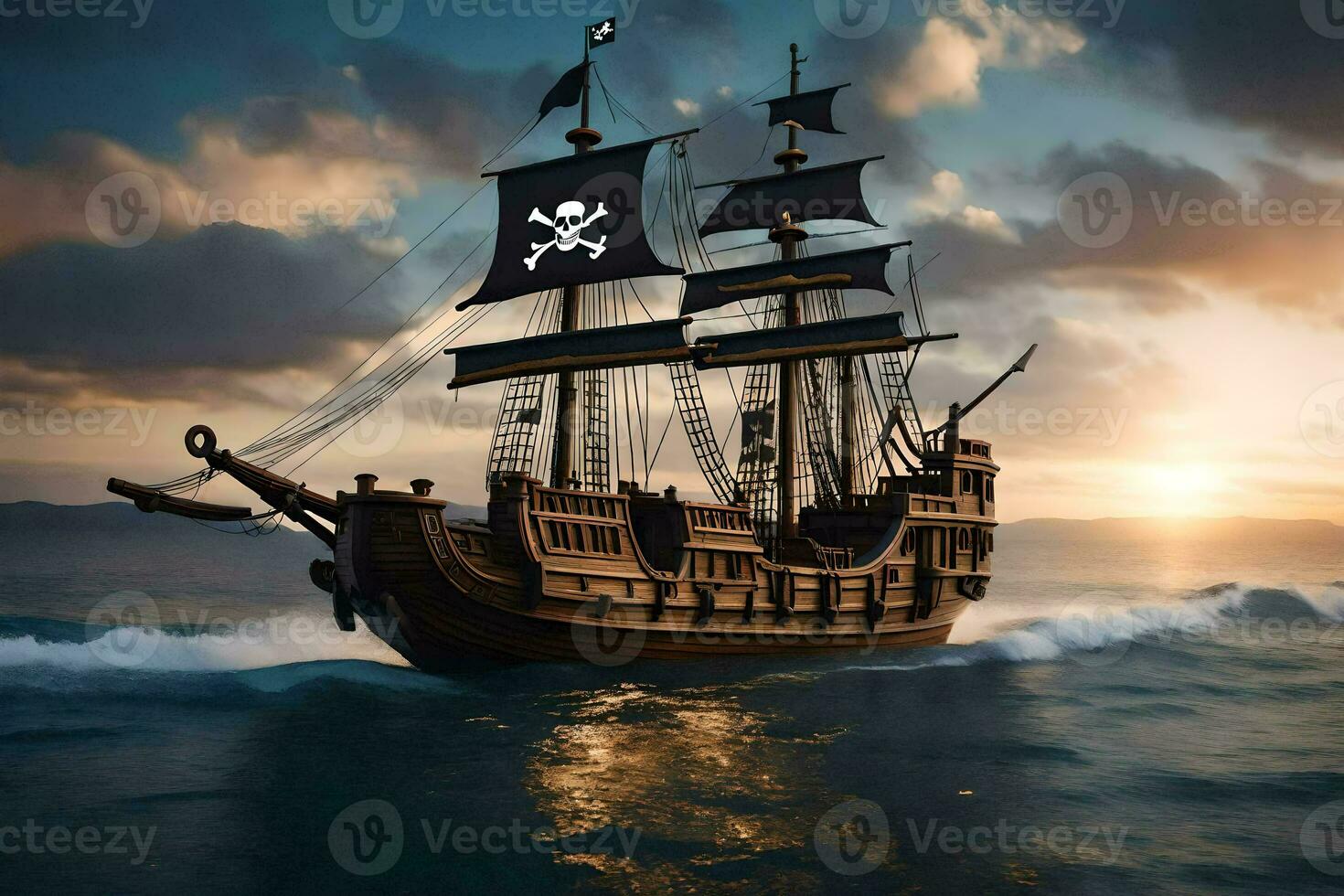 a pirate ship in the ocean at sunset. AI-Generated photo