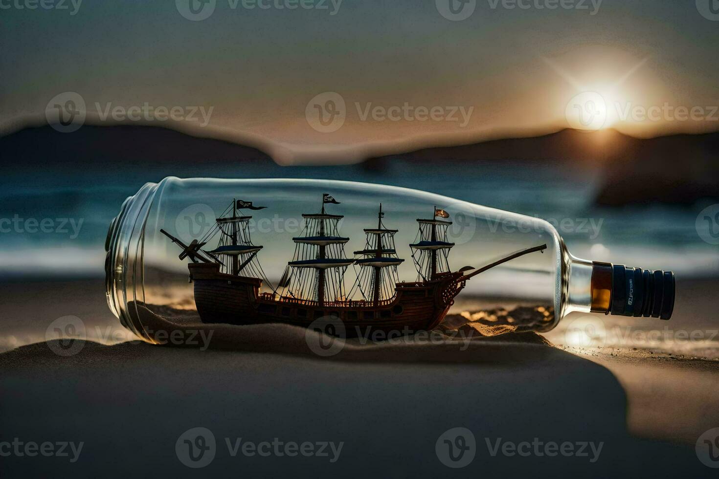 a ship in a bottle on the beach. AI-Generated photo