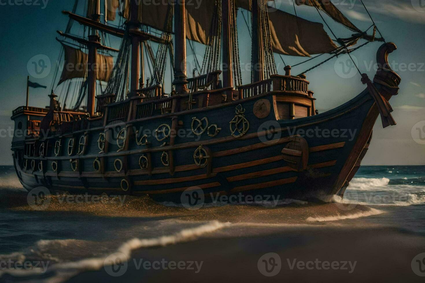a pirate ship is sailing on the ocean. AI-Generated photo