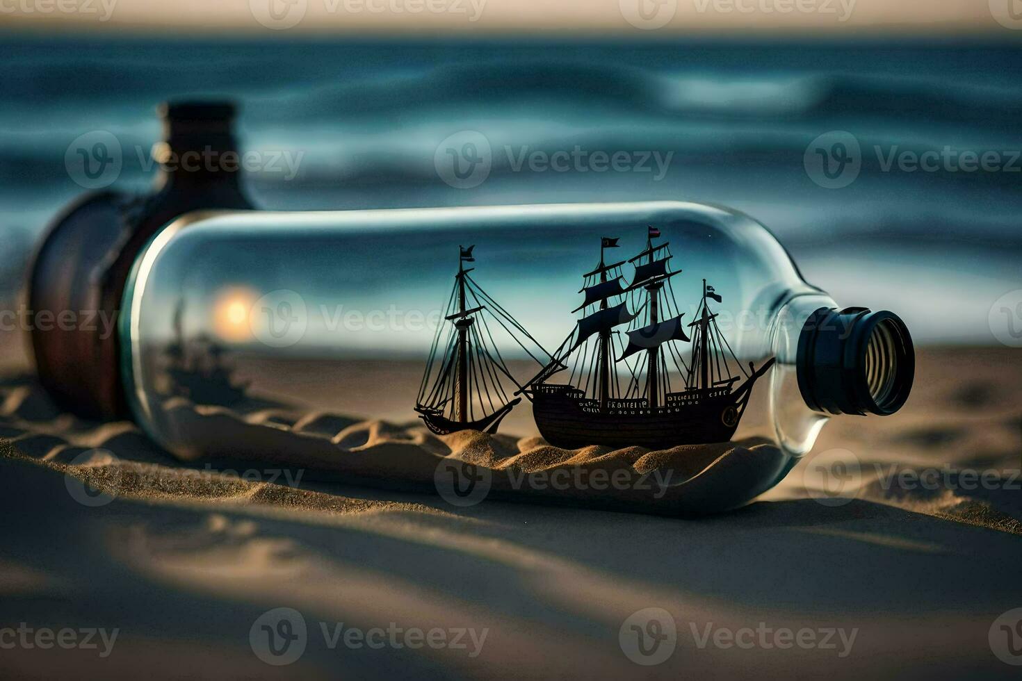 ship in a bottle, sand, beach, sand, beach, sand, beach, sand,. AI-Generated photo
