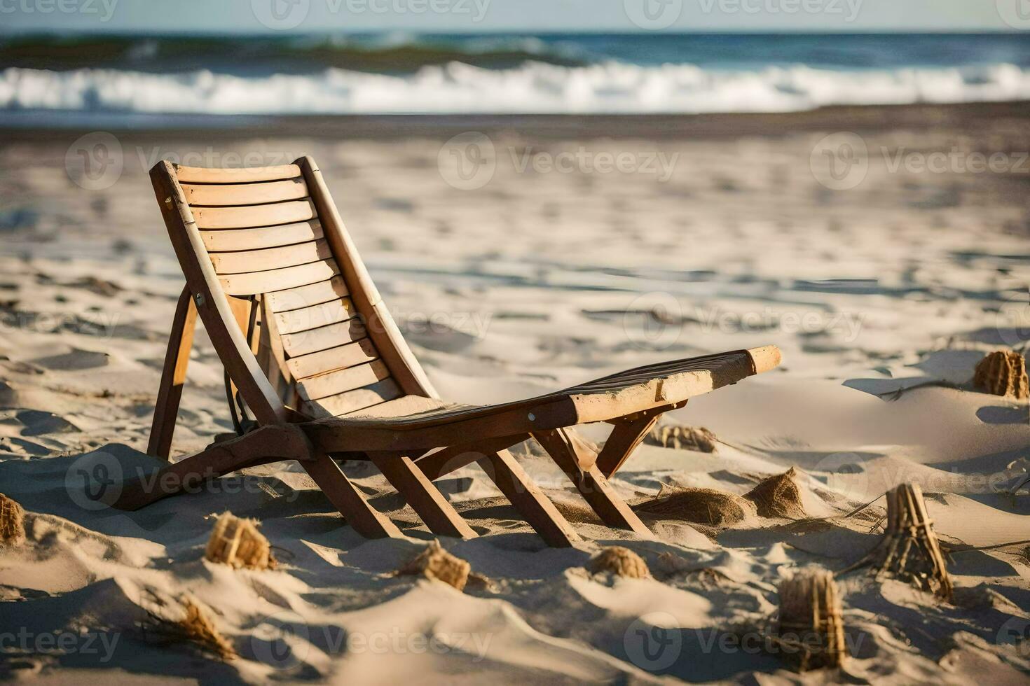 a wooden chair sits on the beach near the ocean. AI-Generated photo