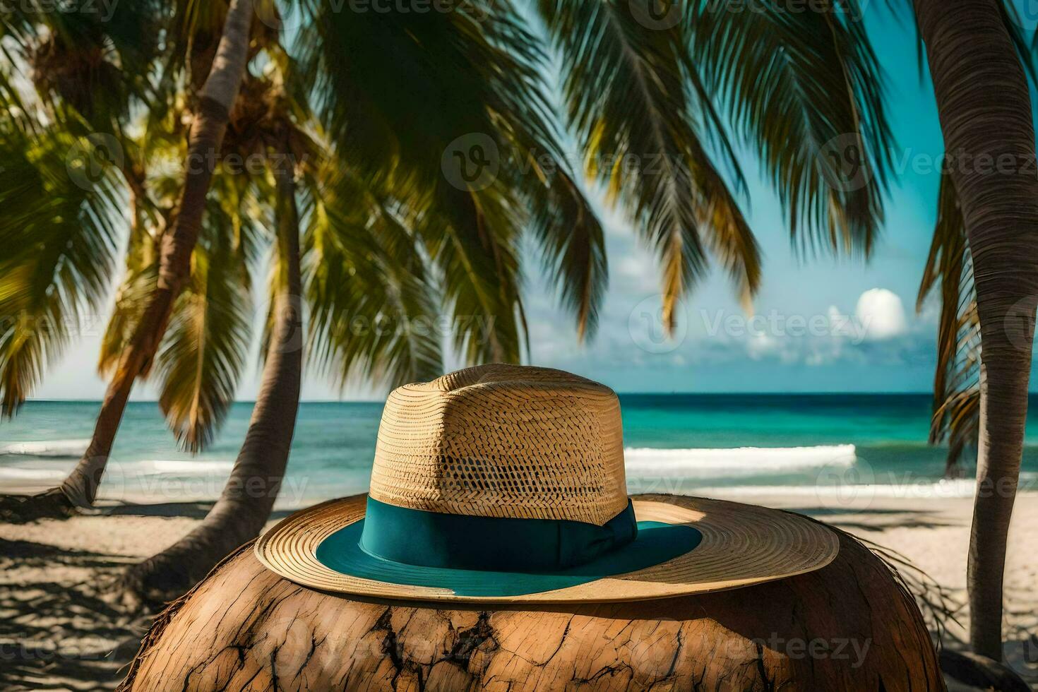 a straw hat on a coconut tree. AI-Generated photo